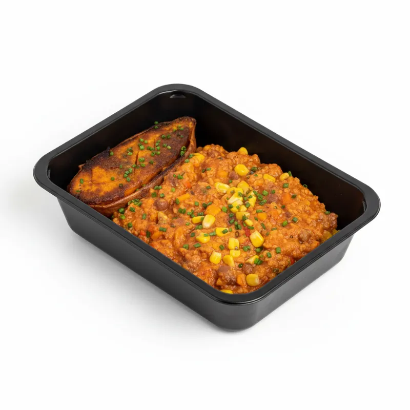 Gepofte zoete aardappel met chili con carne